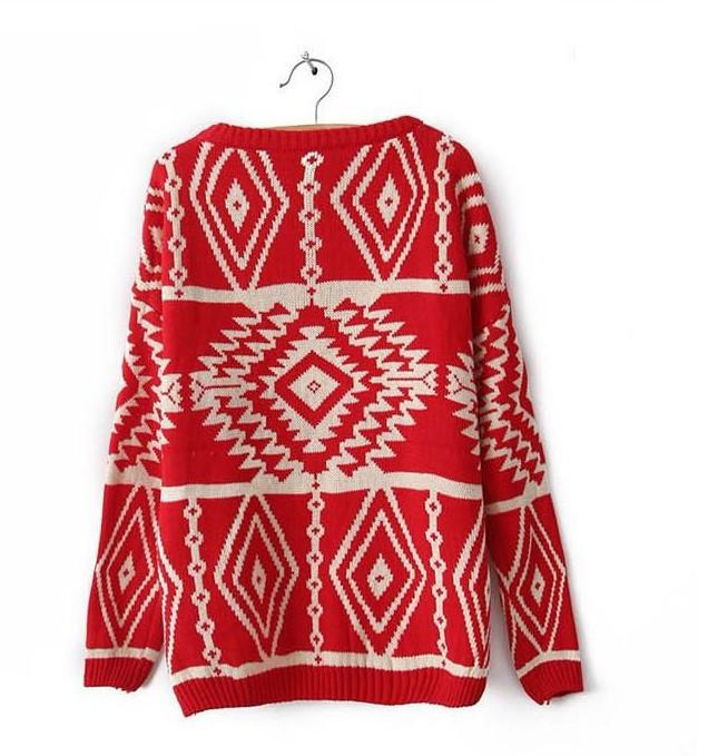 Geometric Argyle Long-Sleeved Loose Knit Scoop Pullover Sweater