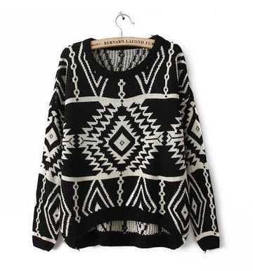 Geometric Argyle Long-Sleeved Loose Knit Scoop Pullover Sweater