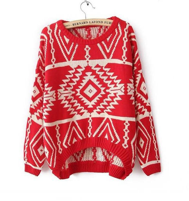 Geometric Argyle Long-Sleeved Loose Knit Scoop Pullover Sweater