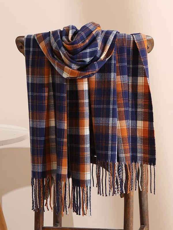 ORIGINAL CREATION CONTRAST COLOR PLAID TASSELED SHAWL&SCARF