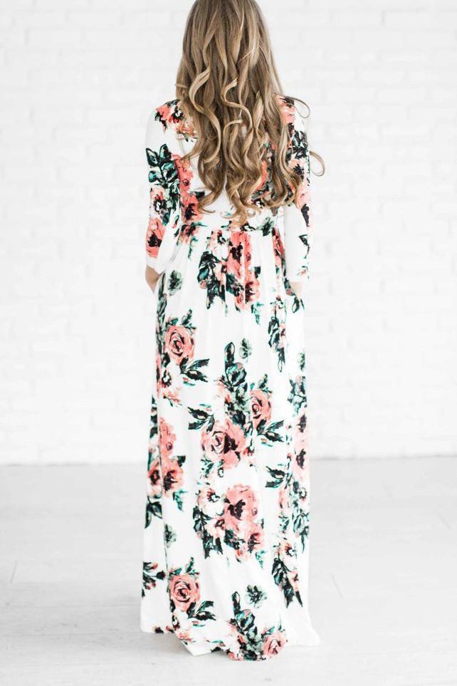 Flower Print 3/4 Sleeves and Short Sleeves High Waist Long Party Dress