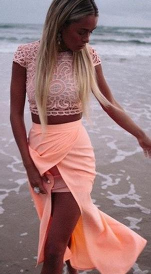 Scoop Lace Crop Top Split Long Skirt Dress Suit