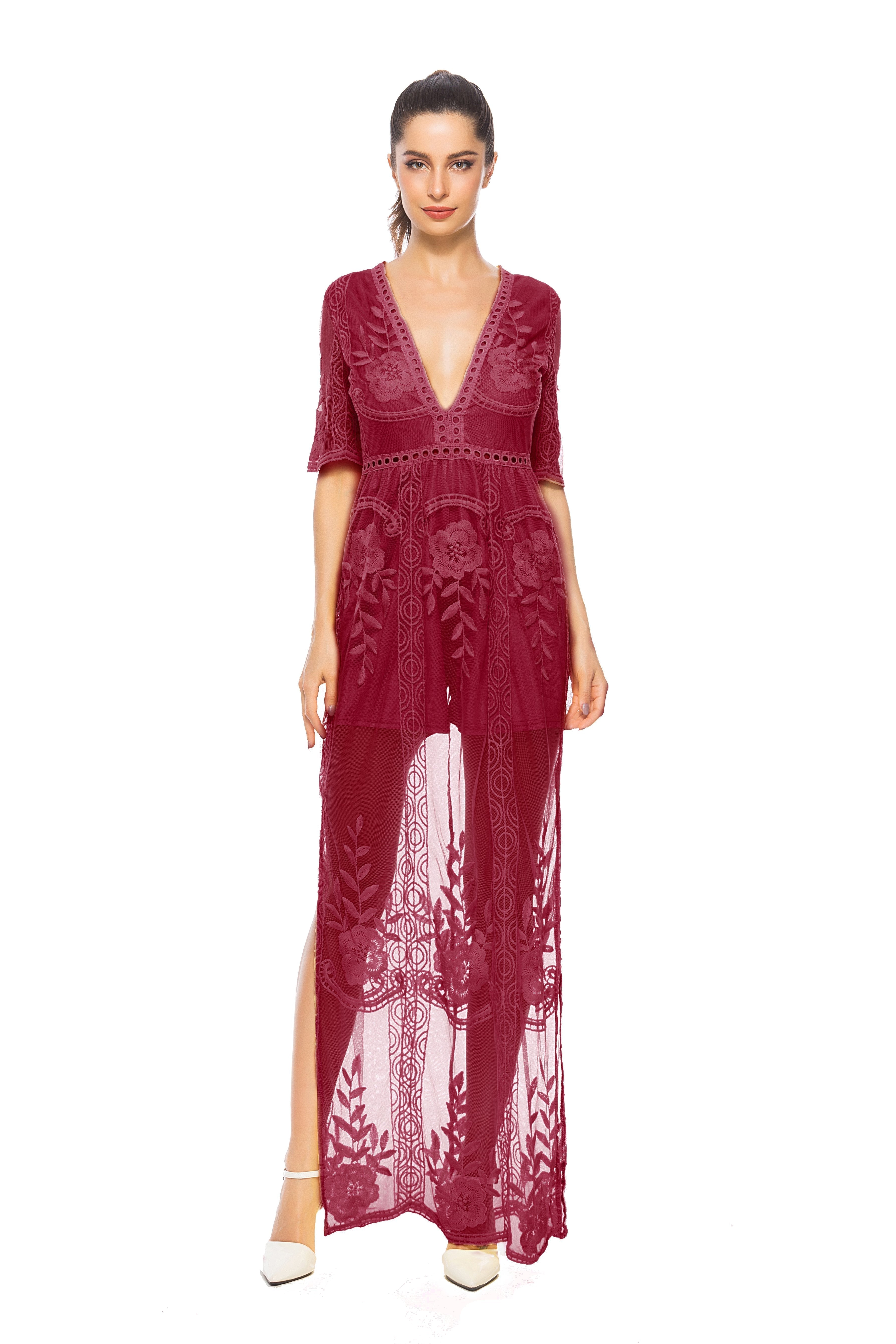 Lace V-neck Sleeveless Transparent Split Long Party Dress
