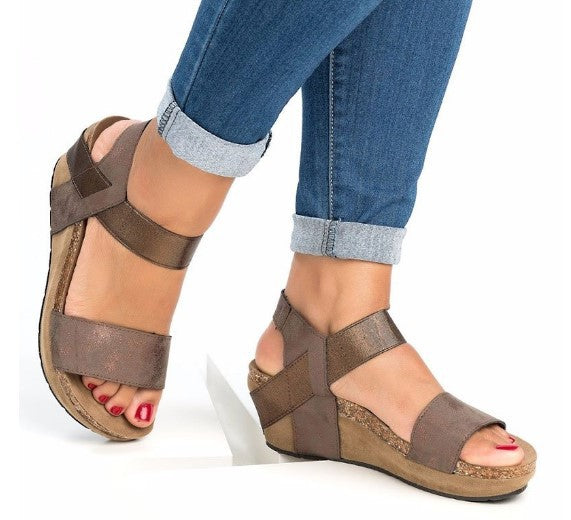 Retro Open Toe Ankle Wrap Platform Women Wedge Sandals with Plus Size