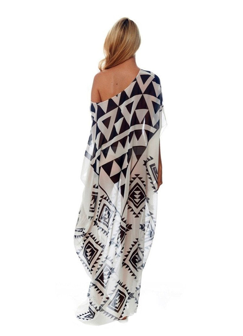 CHIFFON BLACK AND WHITE PRINT BEACH BIKINI COVER UP