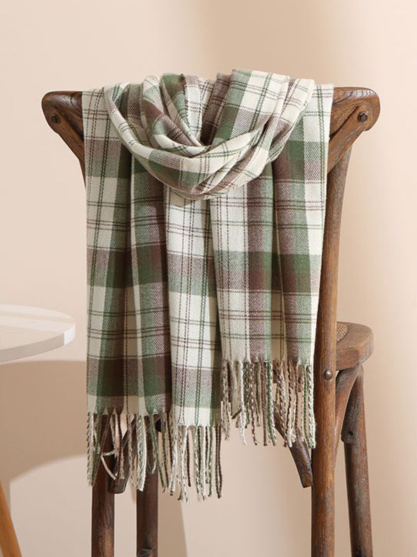 ORIGINAL CREATION CONTRAST COLOR PLAID TASSELED SHAWL&SCARF