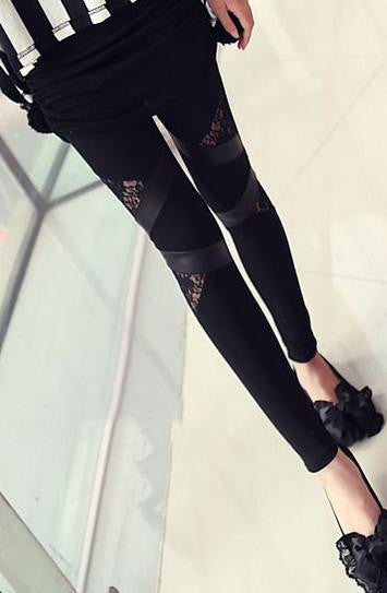 LACE PATCHWORK PLUS SIZE PU SKINNY LEGGINGS