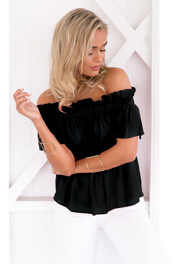 Falbala Ruffles Strapless Short Sleeves Solid Color T-shirt