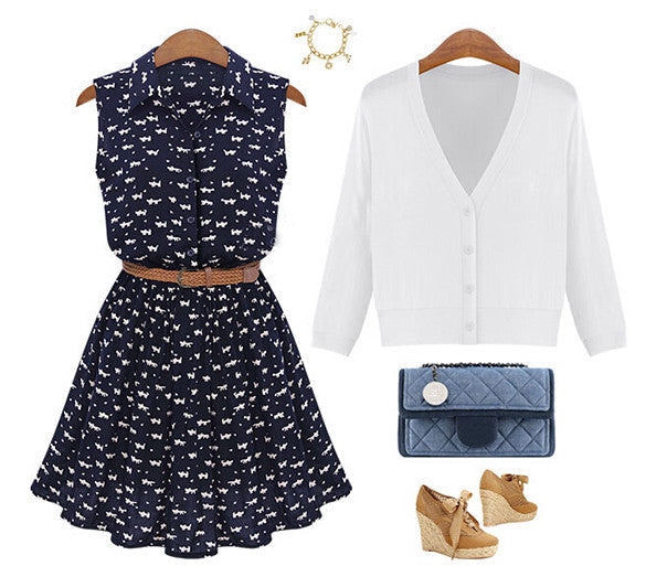 Floral A-line Print Lapel Collar Sundress with Belt Dress