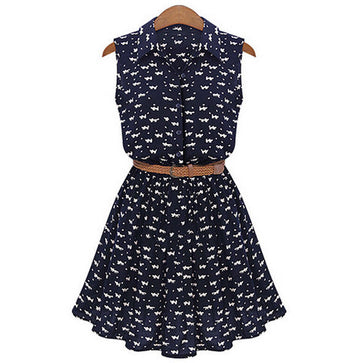 Floral A-line Print Lapel Collar Sundress with Belt Dress