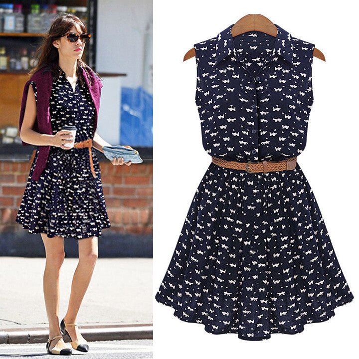 Floral A-line Print Lapel Collar Sundress with Belt Dress