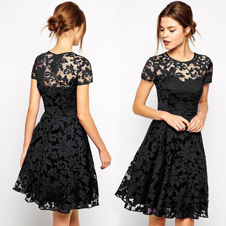 Fashion A-line Hollow Out Lace Knee-length Dress