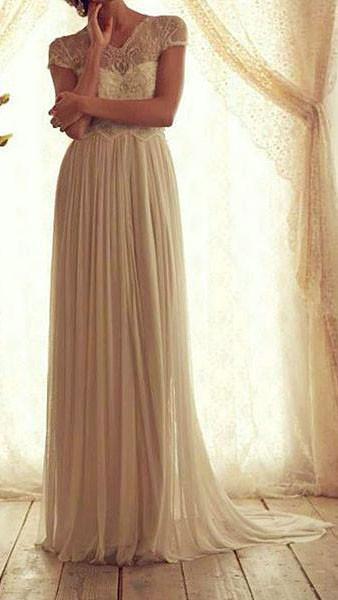Lace Chiffon Bowknot High Waisted Cap Sleeve V-neck Long Dress