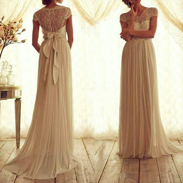 Lace Chiffon Bowknot High Waisted Cap Sleeve V-neck Long Dress