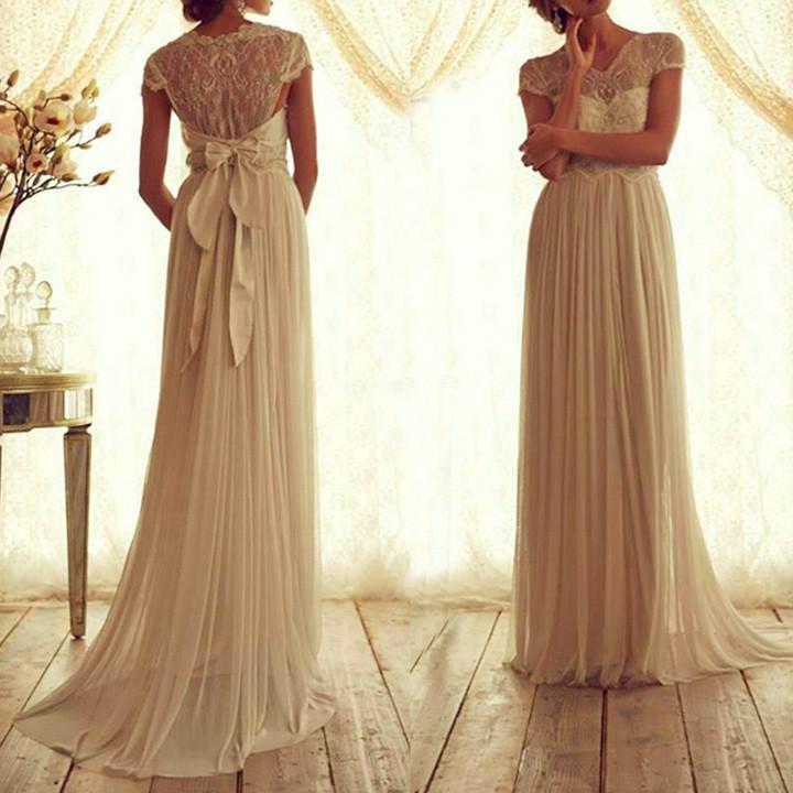 Lace Chiffon Bowknot High Waisted Cap Sleeve V-neck Long Dress