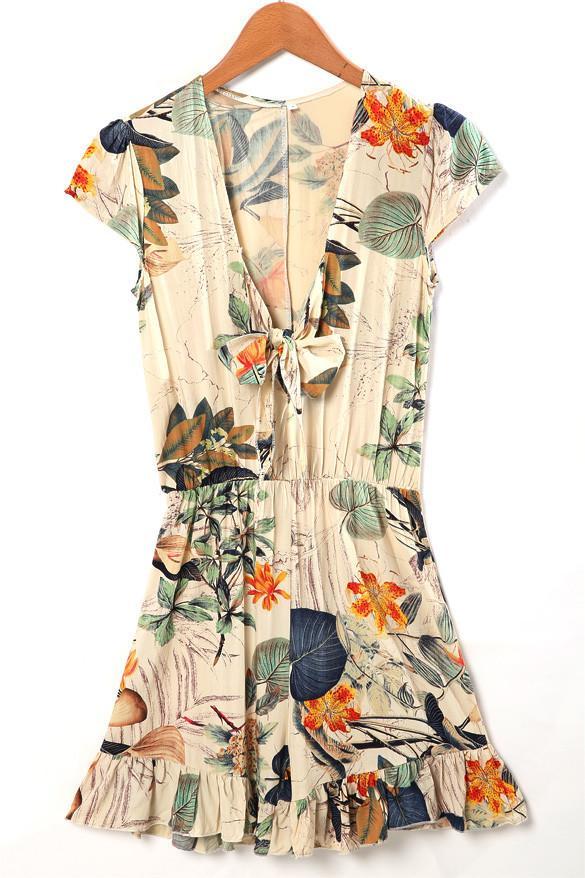 V-neck Flouncing Romper Straps Print Overall Romper