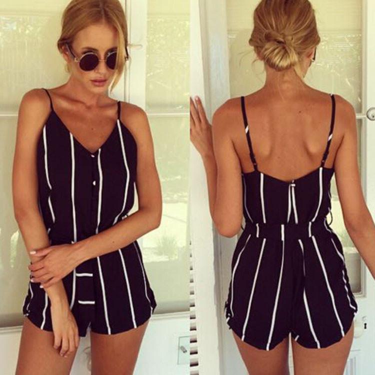 Stylish Lady Women Fashion Striped Summer V-neck Overall Jumpsuit