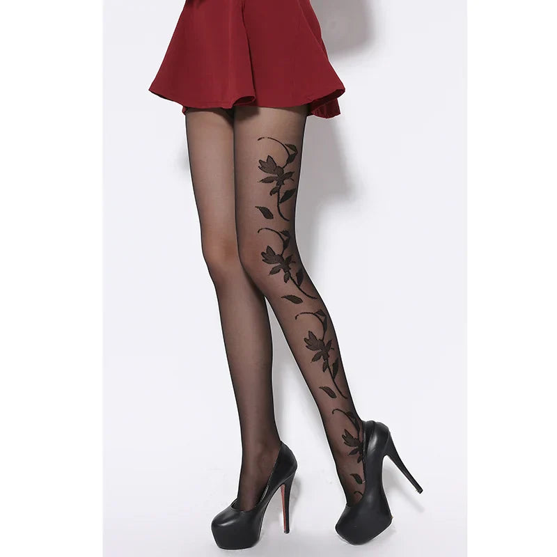ULTRA-SHEER BLACK JACQUARD SILK PANTYHOSE - FASHIONABLY PATTERNED TIGHTS