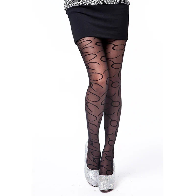 ULTRA-SHEER BLACK JACQUARD SILK PANTYHOSE - FASHIONABLY PATTERNED TIGHTS