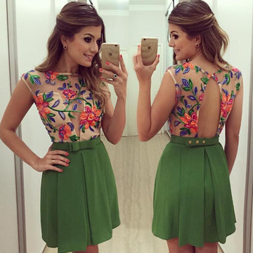 Unique Embroidery Flower Backless Chiffon Short Dress