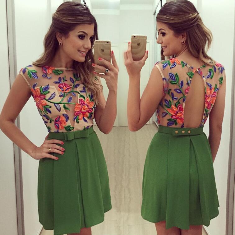 Unique Embroidery Flower Backless Chiffon Short Dress