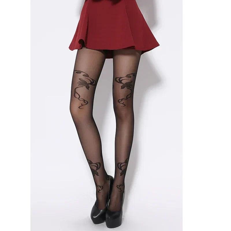 ULTRA-SHEER BLACK JACQUARD SILK PANTYHOSE - FASHIONABLY PATTERNED TIGHTS