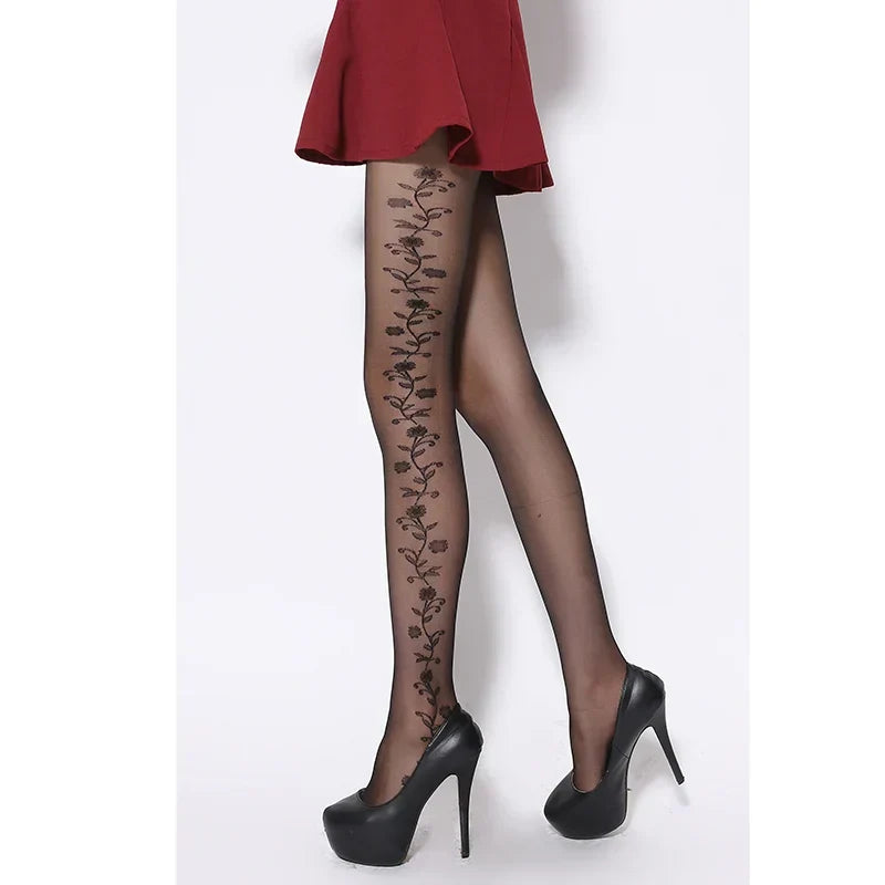 ULTRA-SHEER BLACK JACQUARD SILK PANTYHOSE - FASHIONABLY PATTERNED TIGHTS