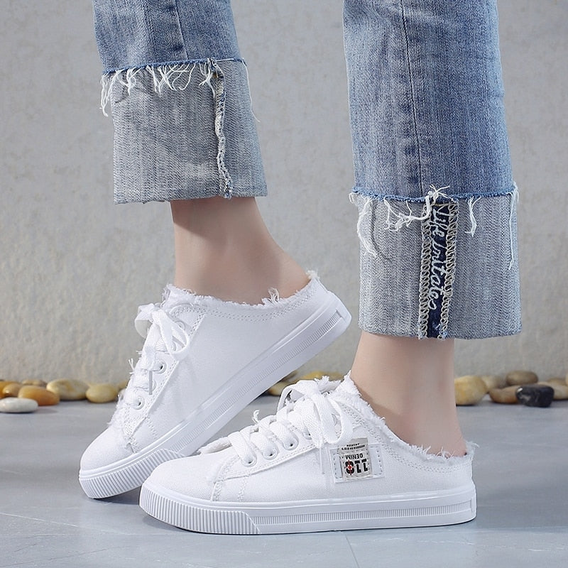 Lace Up Flat Canvas Mules Sneakers