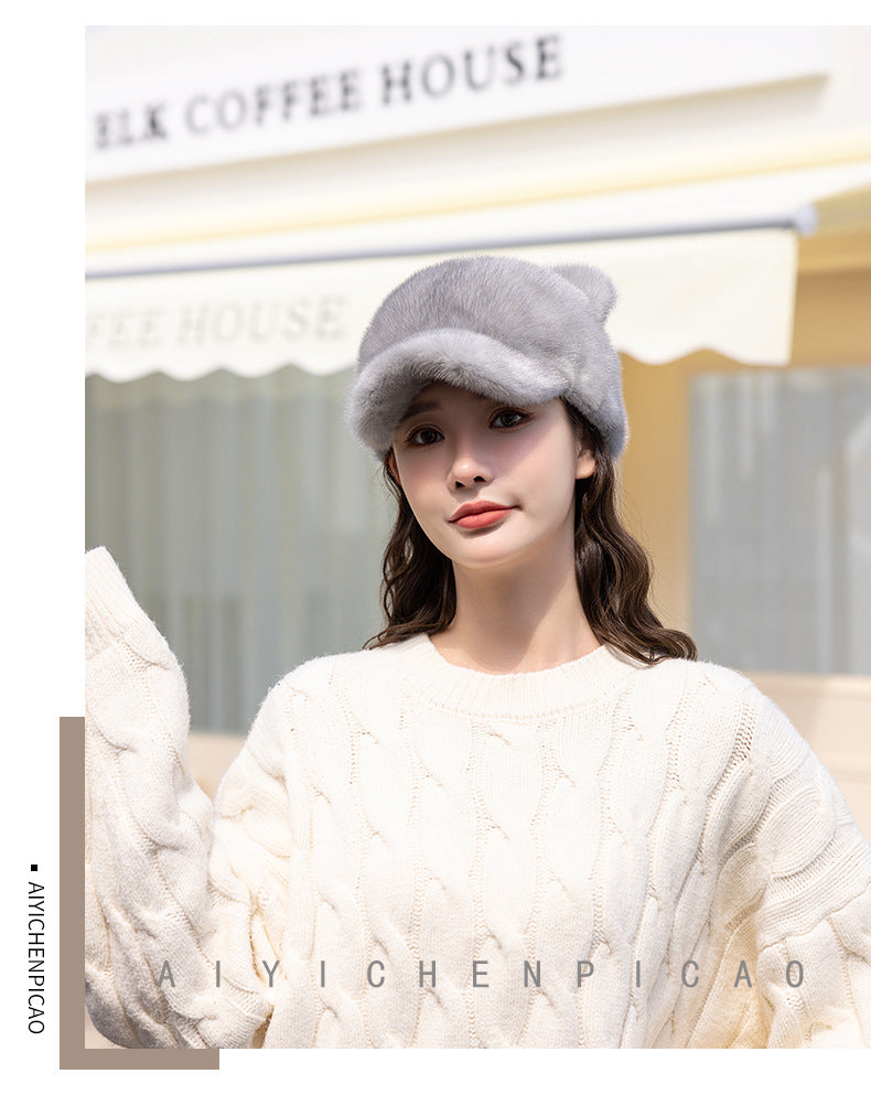 CUTE MINK FUR CAT EAR BASEBALL CAP