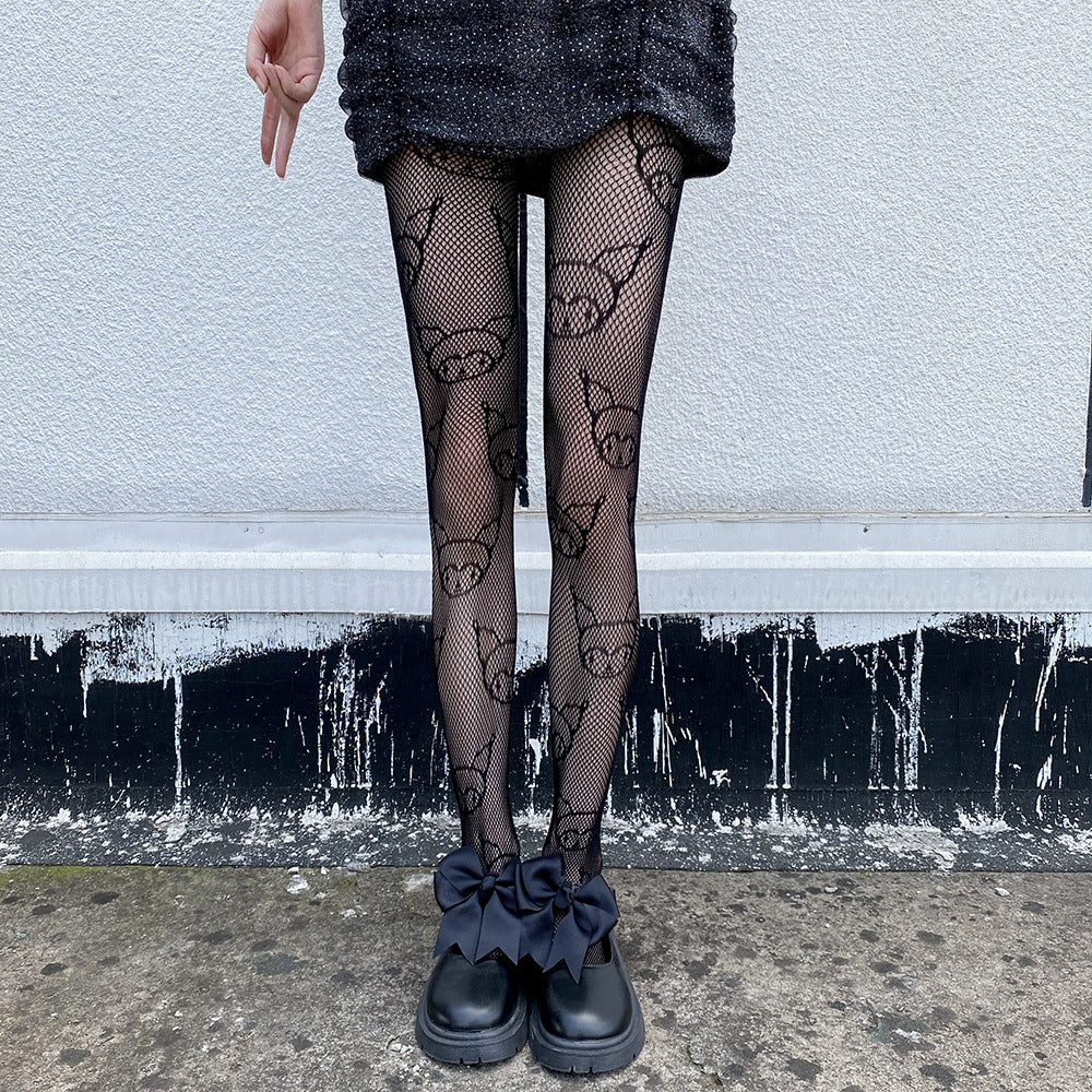 THIN HOLLOW JACQUARD KITTY PATTERN MESH SOCKS JK BOTTOM SOCKS