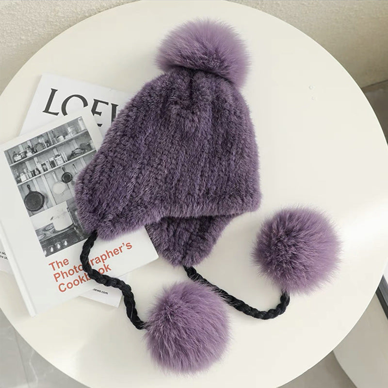 STYLISH MINK FUR HAT WITH FOX POM POM