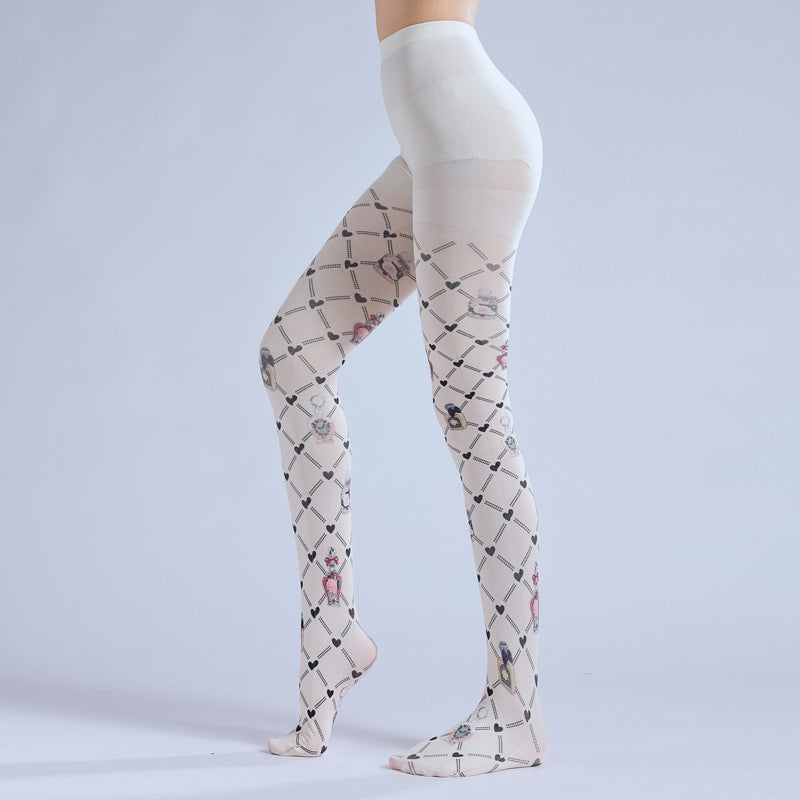 RHOMBUS GRID PATTERN PRINTED PERFUME BOTTLE PATTERN LEGGINGS CUTE COS PANTYHOSE