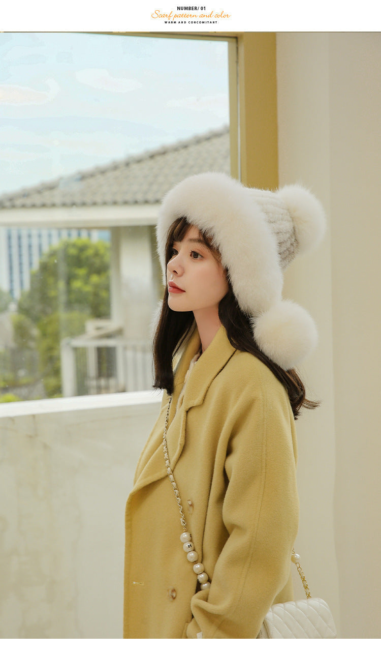 CUTE FOX FUR POM POM HAT - WOMEN'S WINTER EAR FLAP HAT