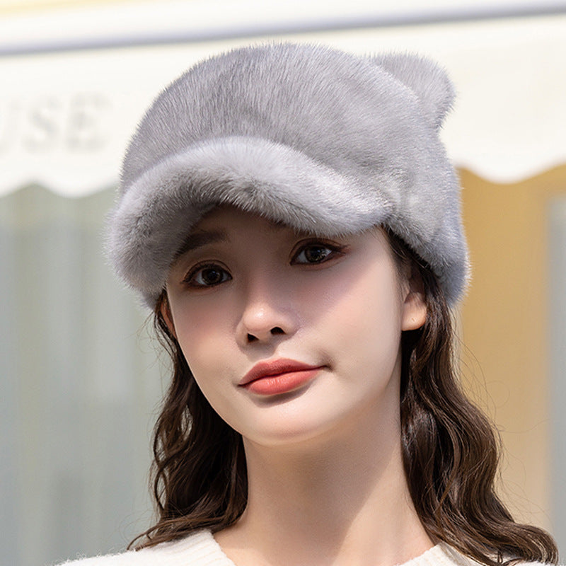CUTE MINK FUR CAT EAR BASEBALL CAP