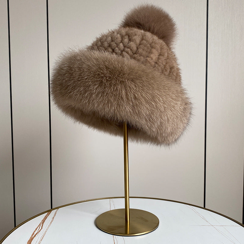 LUXURY MINK FUR HAT WITH BIG FOX POM POM