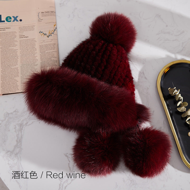 CUTE FOX FUR POM POM HAT - WOMEN'S WINTER EAR FLAP HAT