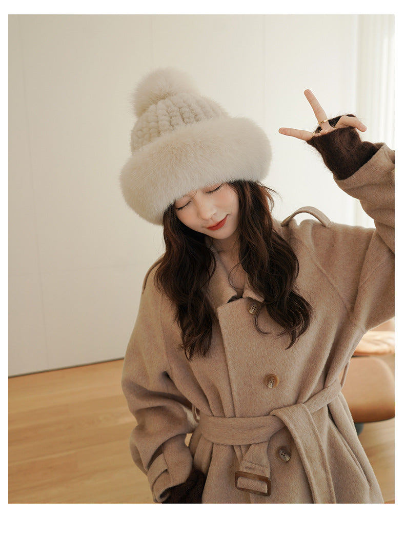 LUXURY MINK FUR HAT WITH BIG FOX POM POM