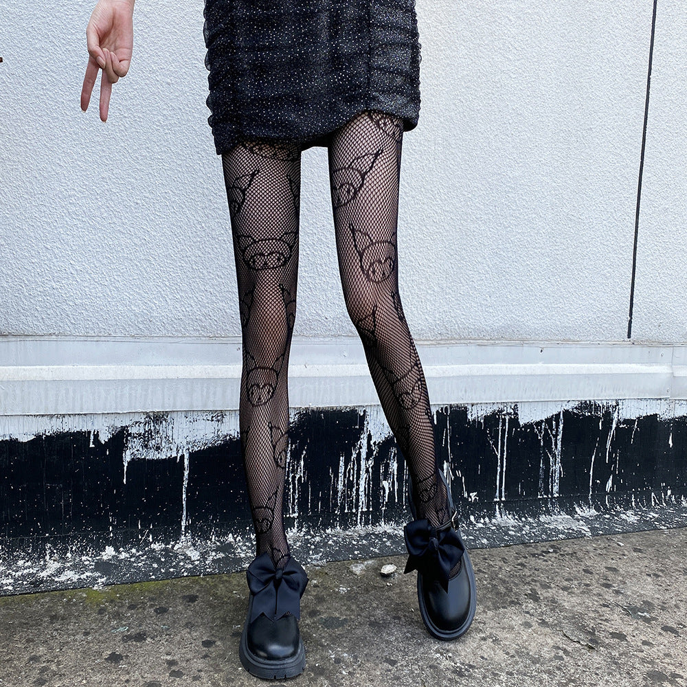 THIN HOLLOW JACQUARD KITTY PATTERN MESH SOCKS JK BOTTOM SOCKS