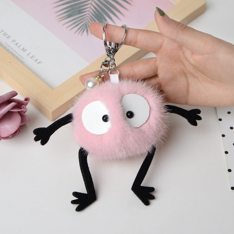 REAL MINK FUR FLUFFY ELF KEYCHAIN FOR CAR KEY OR BAG ACCESSORY