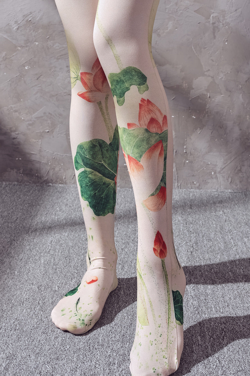 VINTAGE LOTUS PRINT GIRL STYLE RETRO SPRING AND AUTUMN PANTS PANTYHOSE