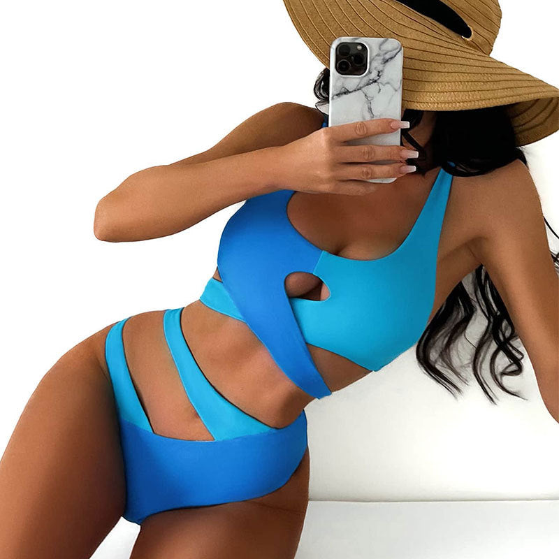 HIGH-WAISTED CROSS-STRAP CUTOUT SWIMSUIT