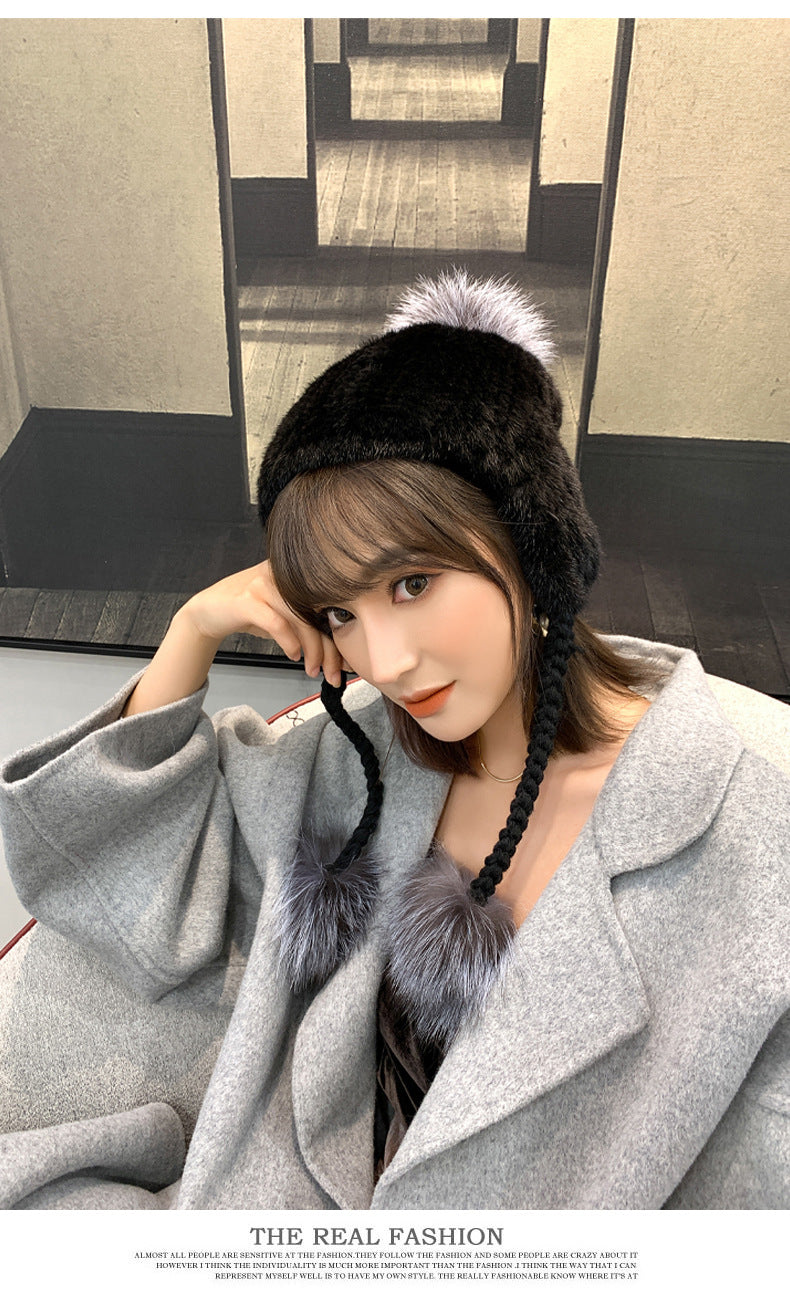 STYLISH MINK FUR HAT WITH FOX POM POM