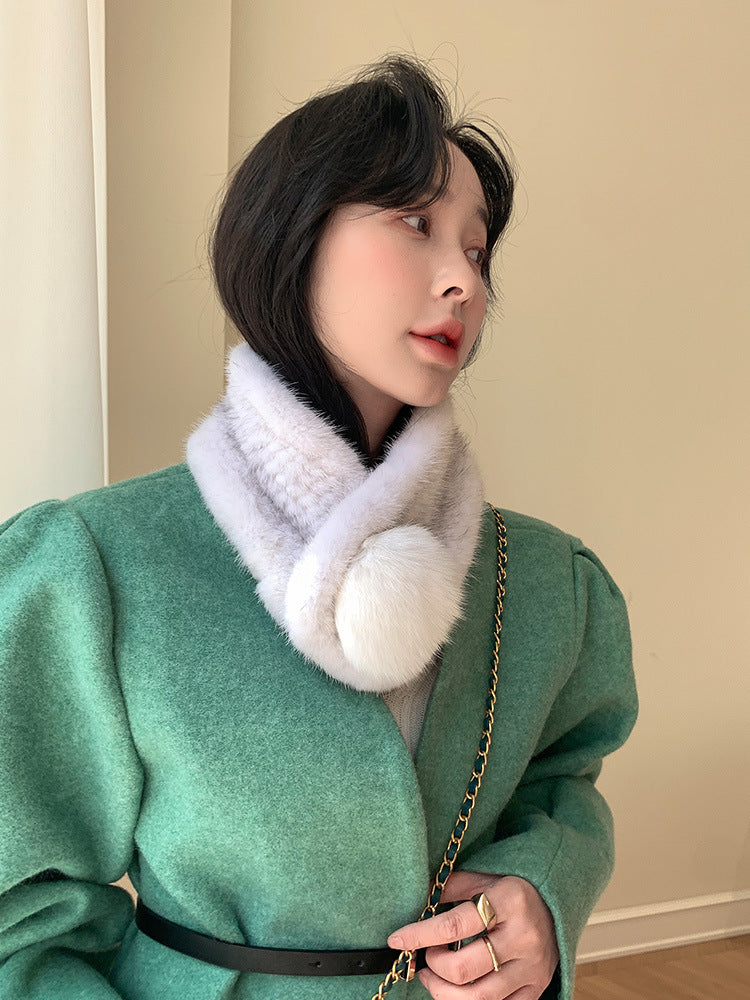 WARM MINK FUR SCARF WITH FOX POM POM - STYLISH WINTER ACCESSORY