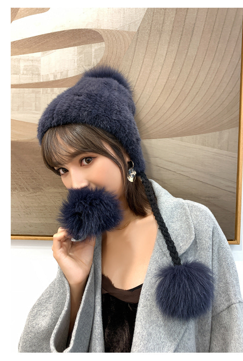 STYLISH MINK FUR HAT WITH FOX POM POM