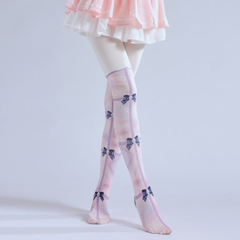 CUTE LOLITA FAKE TWO-PIECE PRINTED BOW FAKE TALL LEGGINGS PANTYHOSE