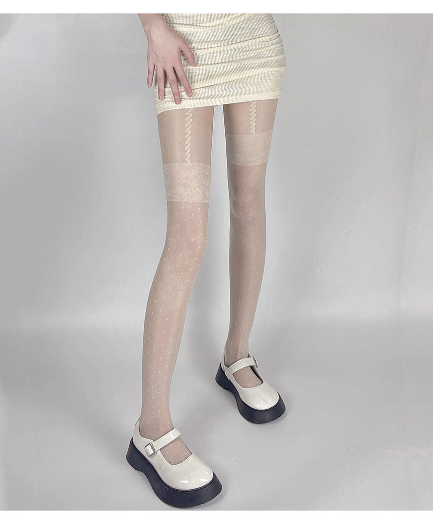 FASHION SPRING AND SUMMER ULTRA-THIN JAPANESE SWEET FAKE HIGH TUBE SUSPENDER POLKA DOT JACQUARD STOCKINGS PANTYHOSE