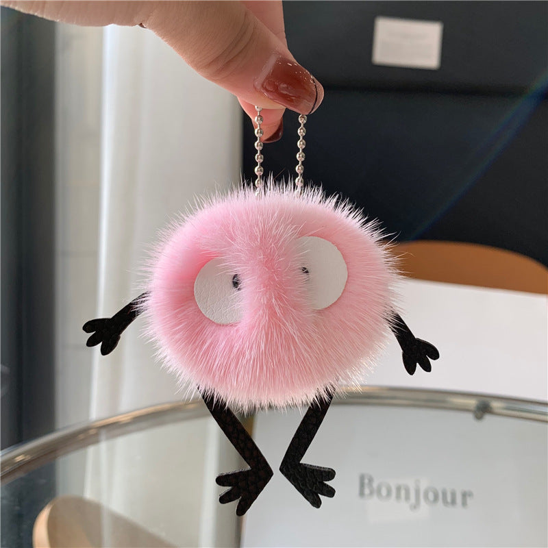 REAL MINK FUR FLUFFY ELF KEYCHAIN FOR CAR KEY OR BAG ACCESSORY