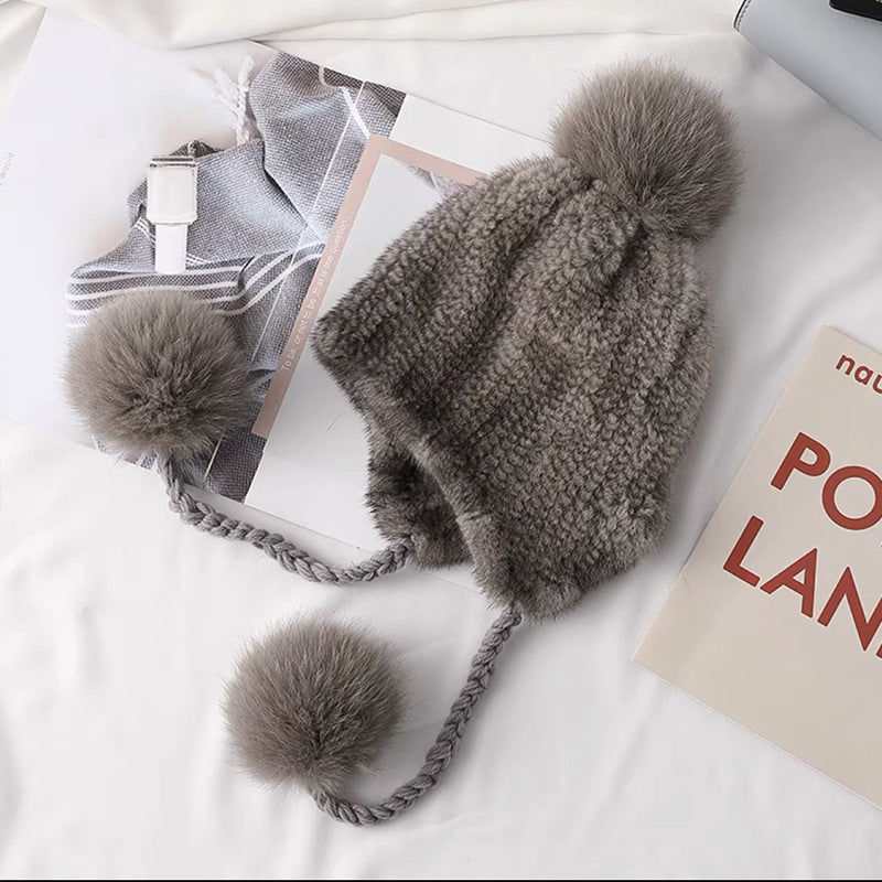 STYLISH MINK FUR HAT WITH FOX POM POM