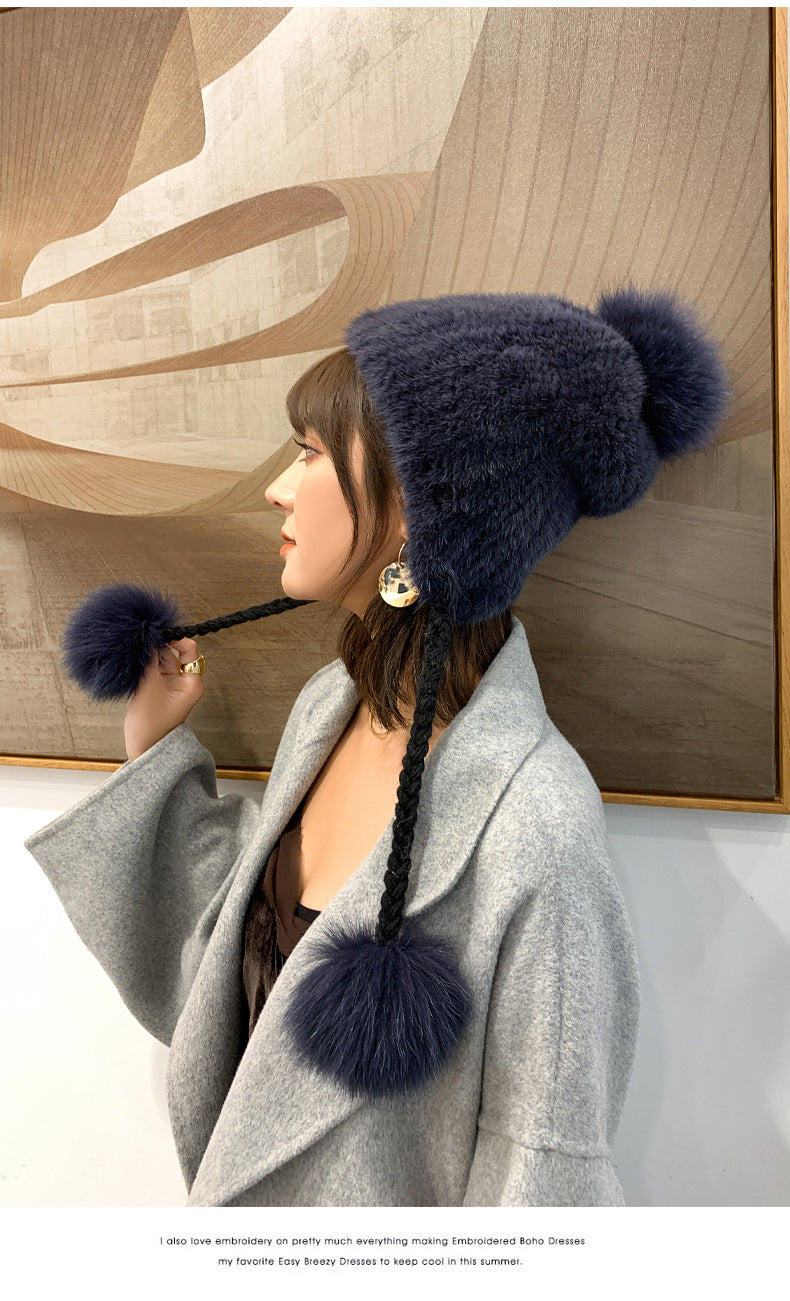 STYLISH MINK FUR HAT WITH FOX POM POM