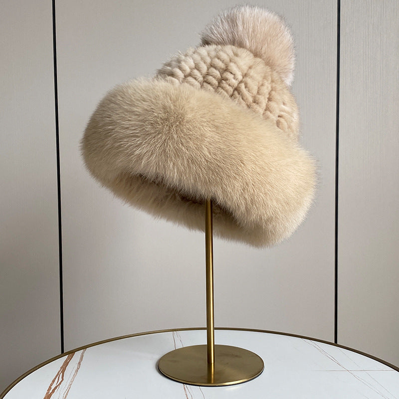 LUXURY MINK FUR HAT WITH BIG FOX POM POM